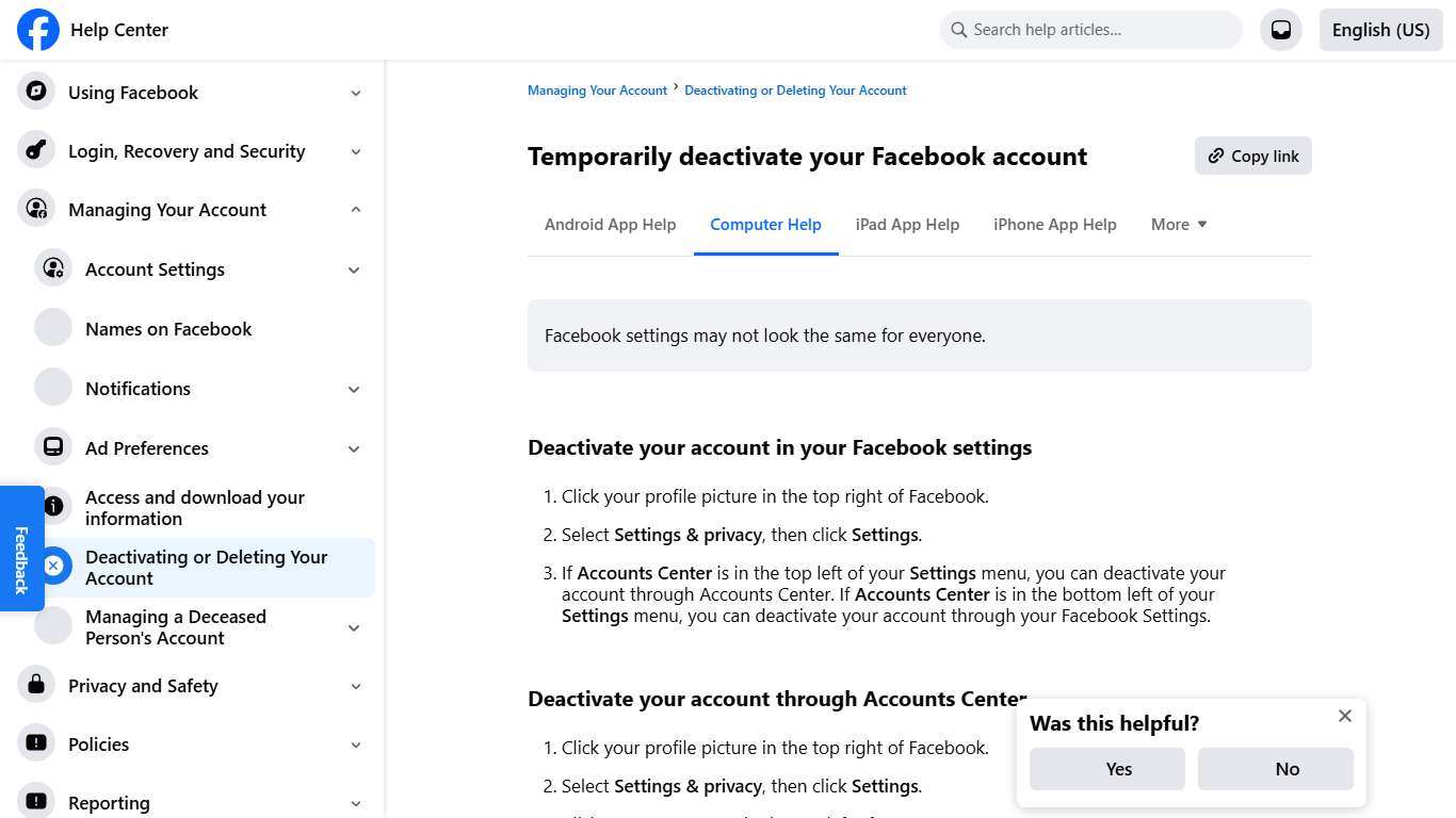 Temporarily deactivate your Facebook account Facebook Help Center
