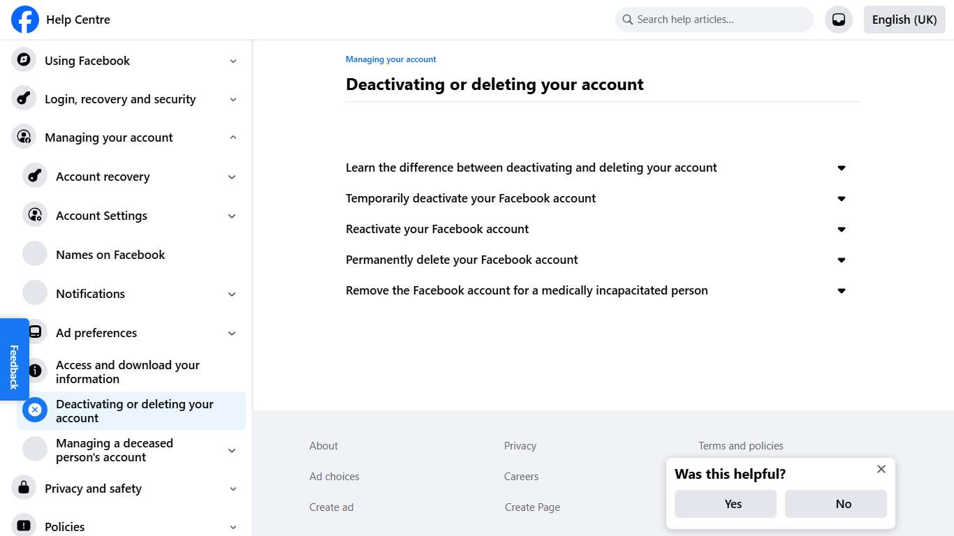 Deactivating or deleting your account Facebook Help Centre